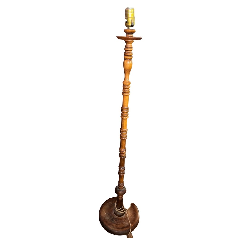 Vintage Spindle Turned Wood Floor Lamp Tripod Base Brown Colonial Style Lighting